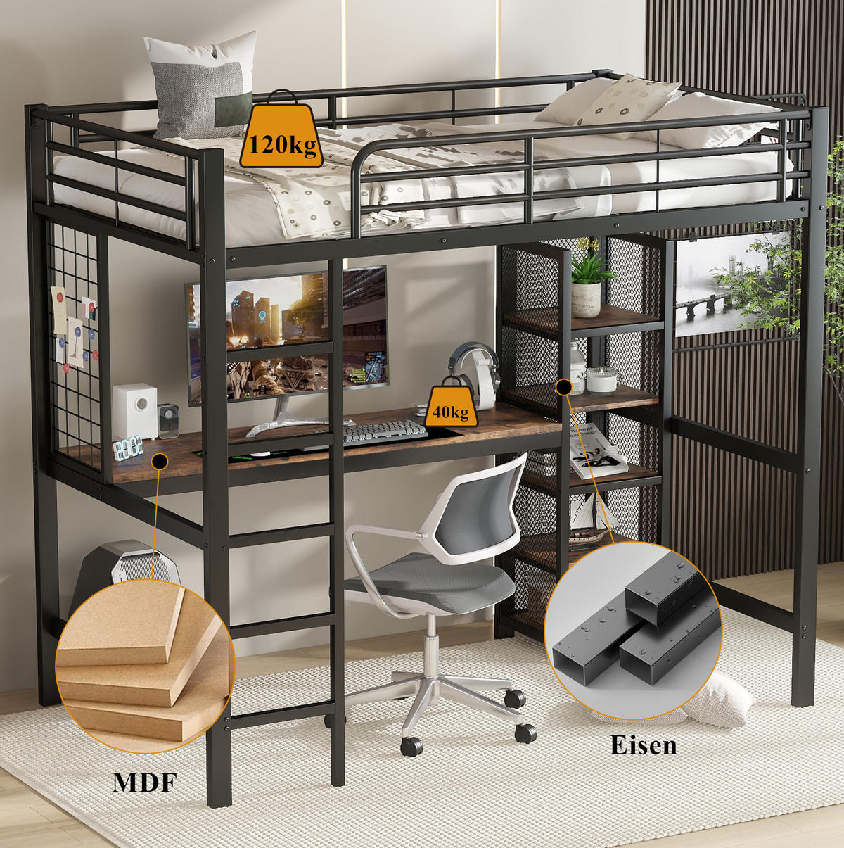 HOCHBETT 90/200 cm aus Metall und MDF mit Schreibtisch, 5-stufigem Regalschrank und Metallgitter, Schwarz/Dunkle Holzfarbe - Schwarz, Holzwerkstoff (90/200cm) - Redom