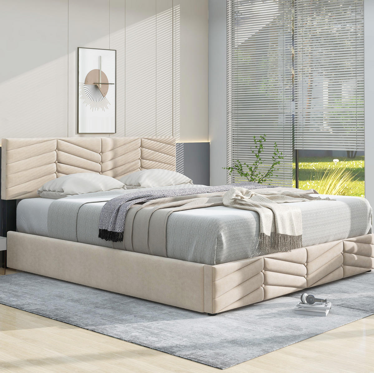 POLSTERBETT 140/200 cm beige mit höhenverstellbarem Kopfteil und Lattenrost - Beige, Textil (140/200cm) - OKWISH