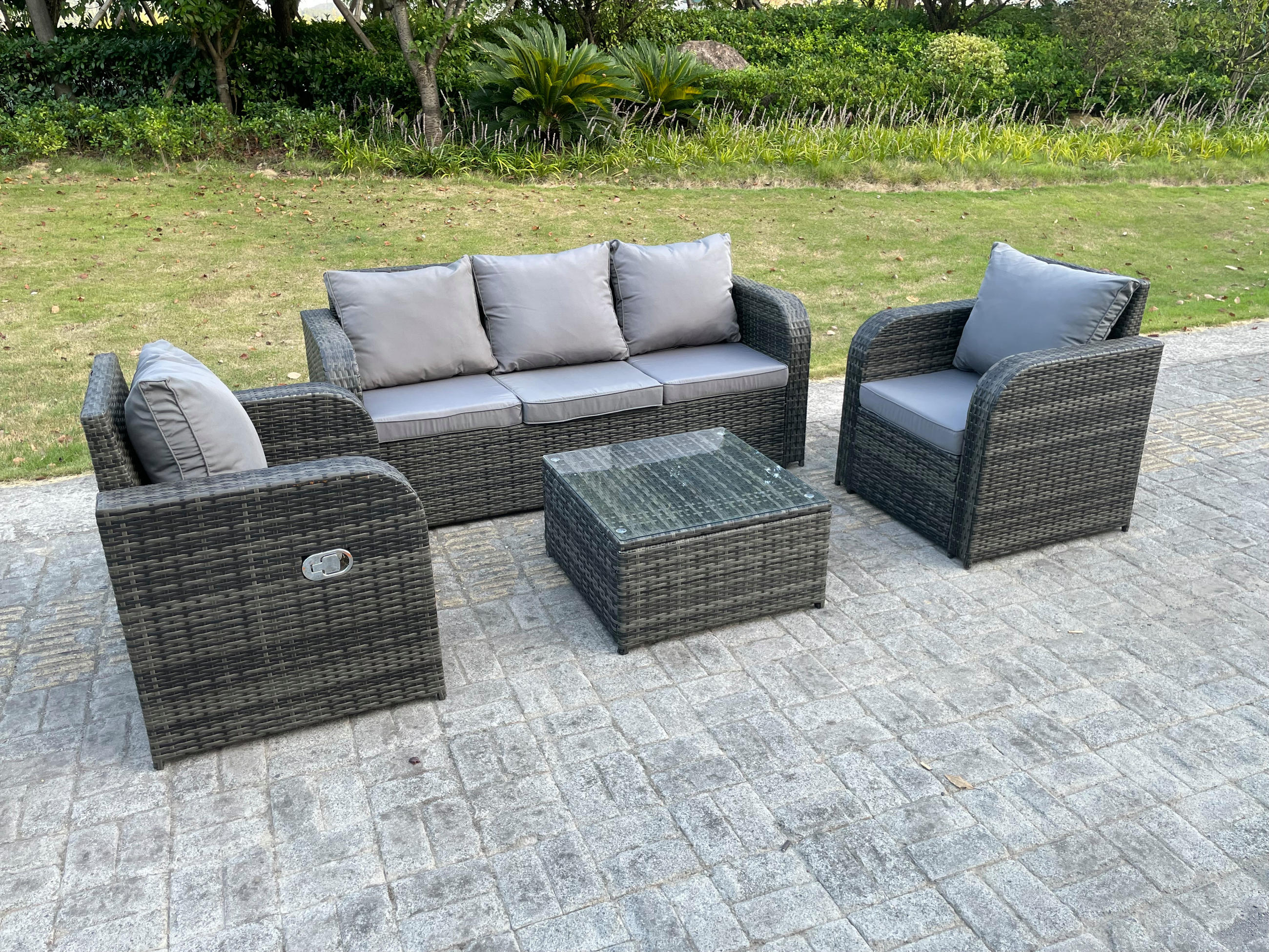 GARTENMÖBEL SET MIT LIEGESTUHL Polyrattan 5-Sitzer - Dunkelgrau/Grau, Glas/Kunststoff - Fimous