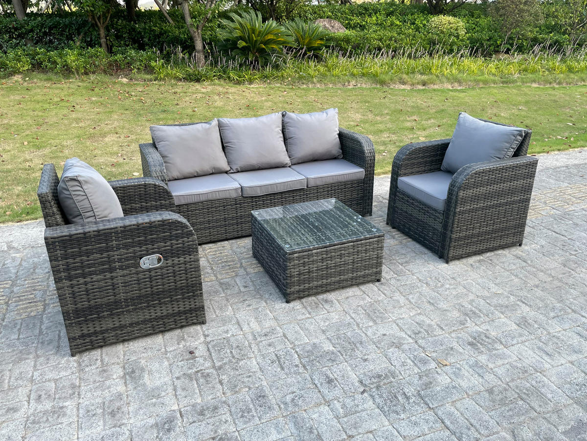 GARTENMÖBEL SET MIT LIEGESTUHL Polyrattan 5-Sitzer - Dunkelgrau/Grau, Glas/Kunststoff - Fimous