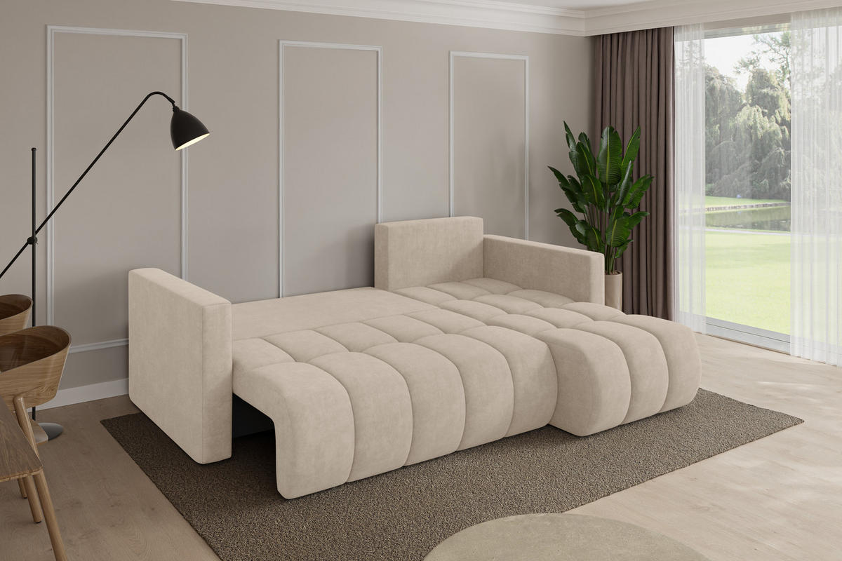 ROHOVÁ SEDAČKA s funkcí spaní, otoman vpravo GARD-L 226x146x85 béžová velur - černá/Sahara, kompozitní dřevo/textil (226/146cm) - ALTDECOR