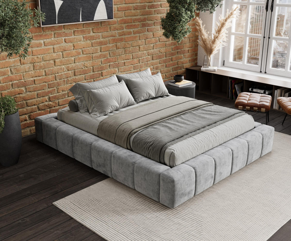 POLSTERBETT Aruba Hellgrau 180/200 cm im Chenille-Stoff - Hellgrau/Schwarz, Holz/Holzwerkstoff (180/200cm) - Maison de Reve