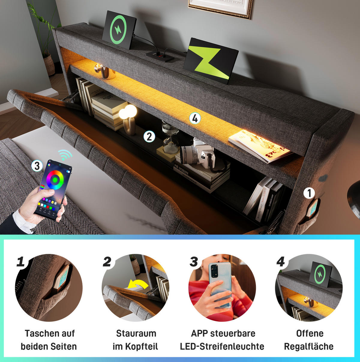 POLSTERBETT 180/200 cm mit LED, USB-C, Stauraum-Kopfteil und hydraulischem Bettkasten, Leinen, Grau - Grau, Textil (180/200cm) - Redom
