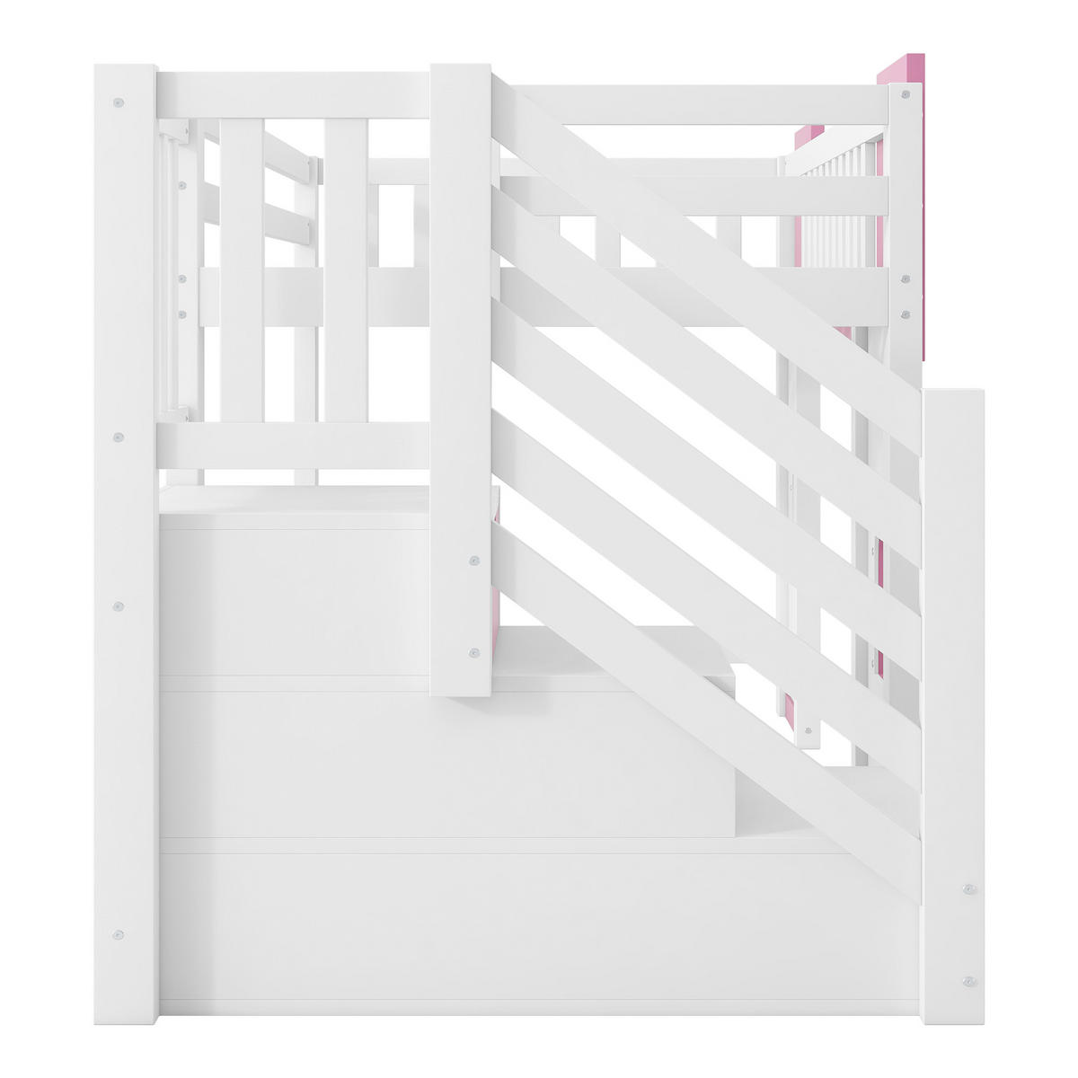 HOCHBETT 90/200 cm in Weiß & Rosa mit Stauraumtreppe und Fenstern aus Holz im verspielten Design - Rosa, Holzwerkstoff (90/200cm) - STILVORA