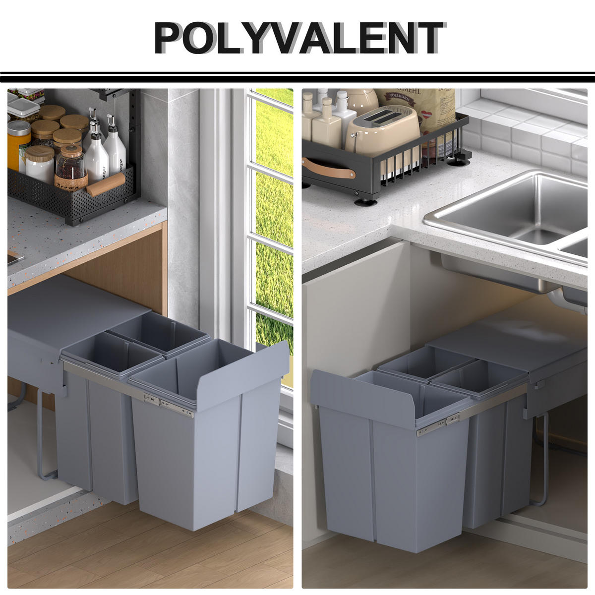 MÜLLTRENNSYSTEM Grau Ausziehbar Soft-Close 40L - Grau, Kunststoff (48/41.8/34.2cm) - PANGIVO