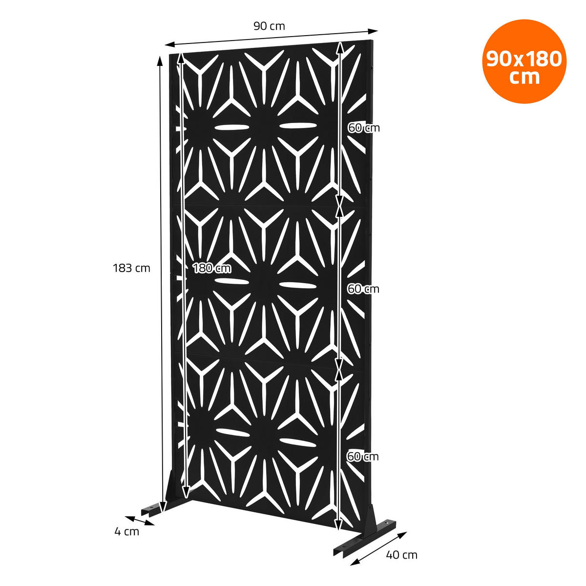METALL-SICHTSCHUTZ Torino 90x180 cm Schwarz aus Stahl - Schwarz, Metall (90/183cm) - ML-DESIGN