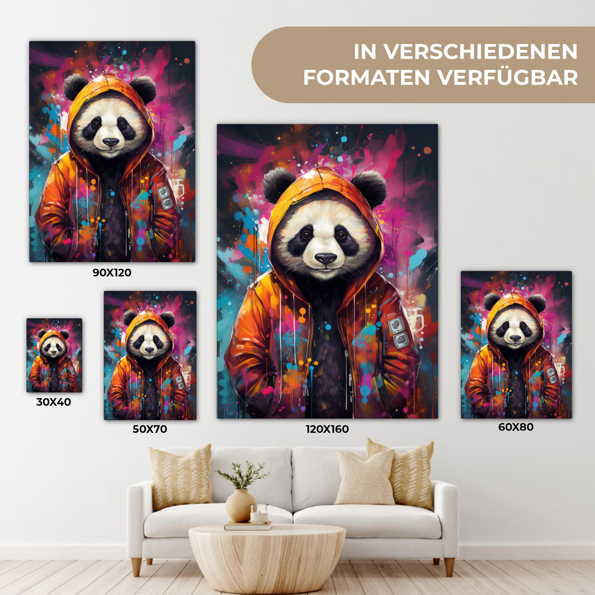 LEINWANDBILD Panda - Jacke - Graffiti - Orange 60x80 cm - Orange, Textil (60/80cm) - MuchoWow