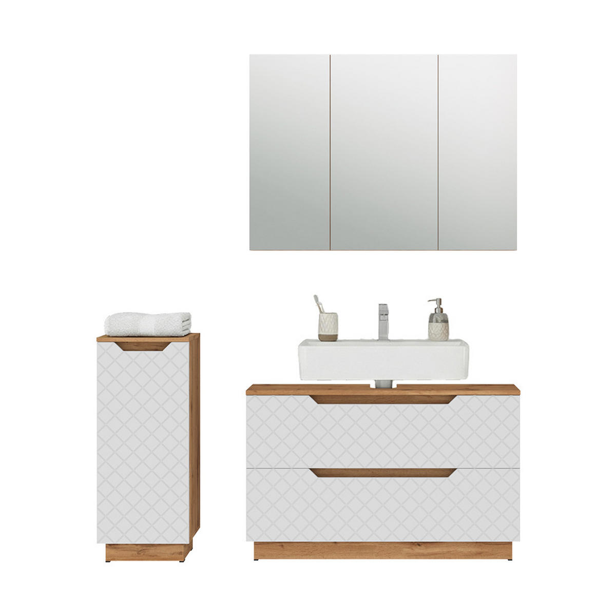 BADMÖBEL-SET Lotta Eiche/Weiß mit Kachelstruktur 3 Teile - Eichefarben/Weiß, Holzwerkstoff (99.4/62.5/32cm) - Vicco