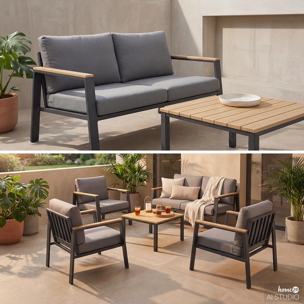 LOUNGESET - 4-teilig - Eukalyptus massiv / Polyester - Braun / Anthrazit - Braun/Grau, Holz/Textil - home24