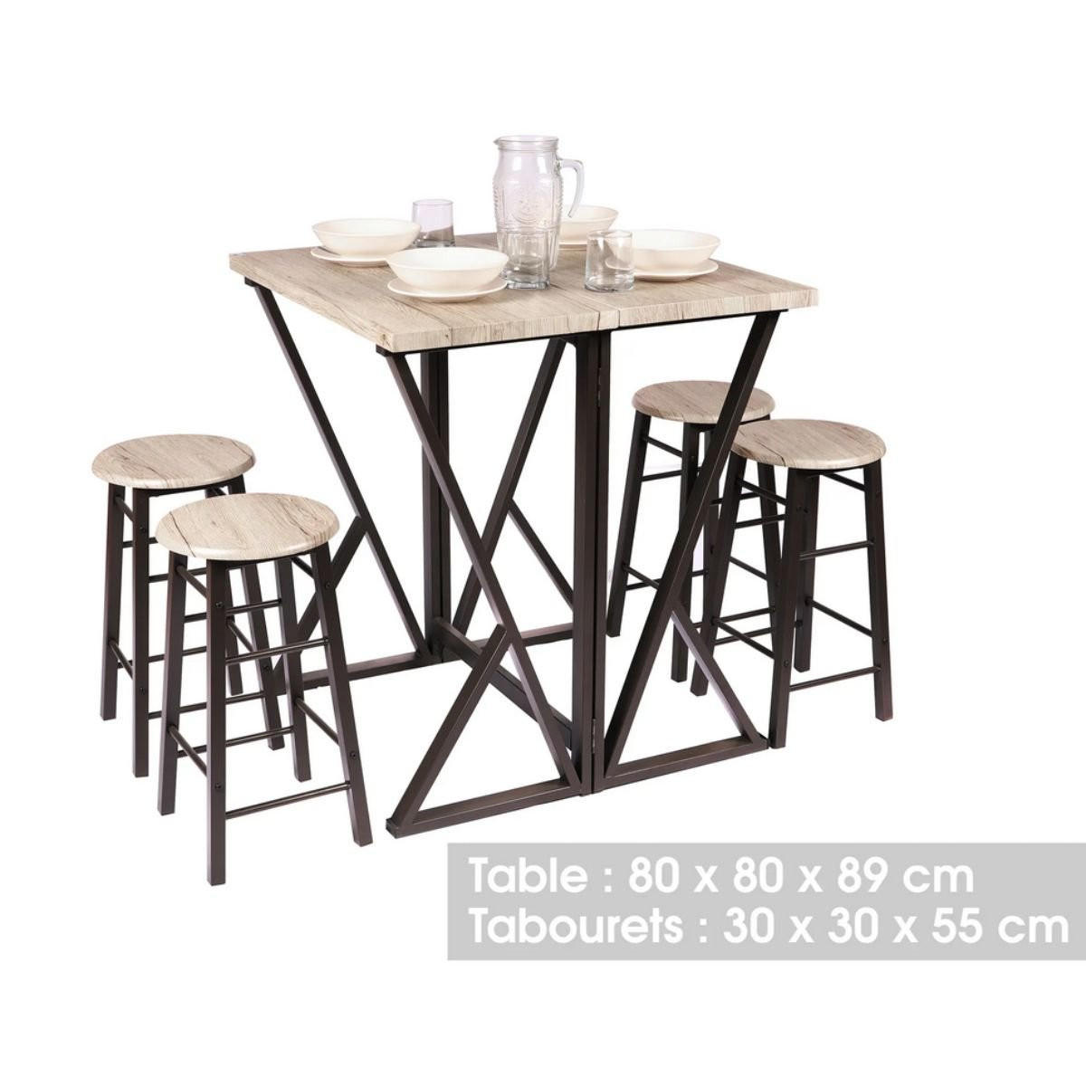 HOCHKLAPPBARER hoher Tisch + 4 Hocker - DOCK - 80/80/89 cm - Apfelbaumfarben, Holzwerkstoff (80/89/80cm) - Calicosy