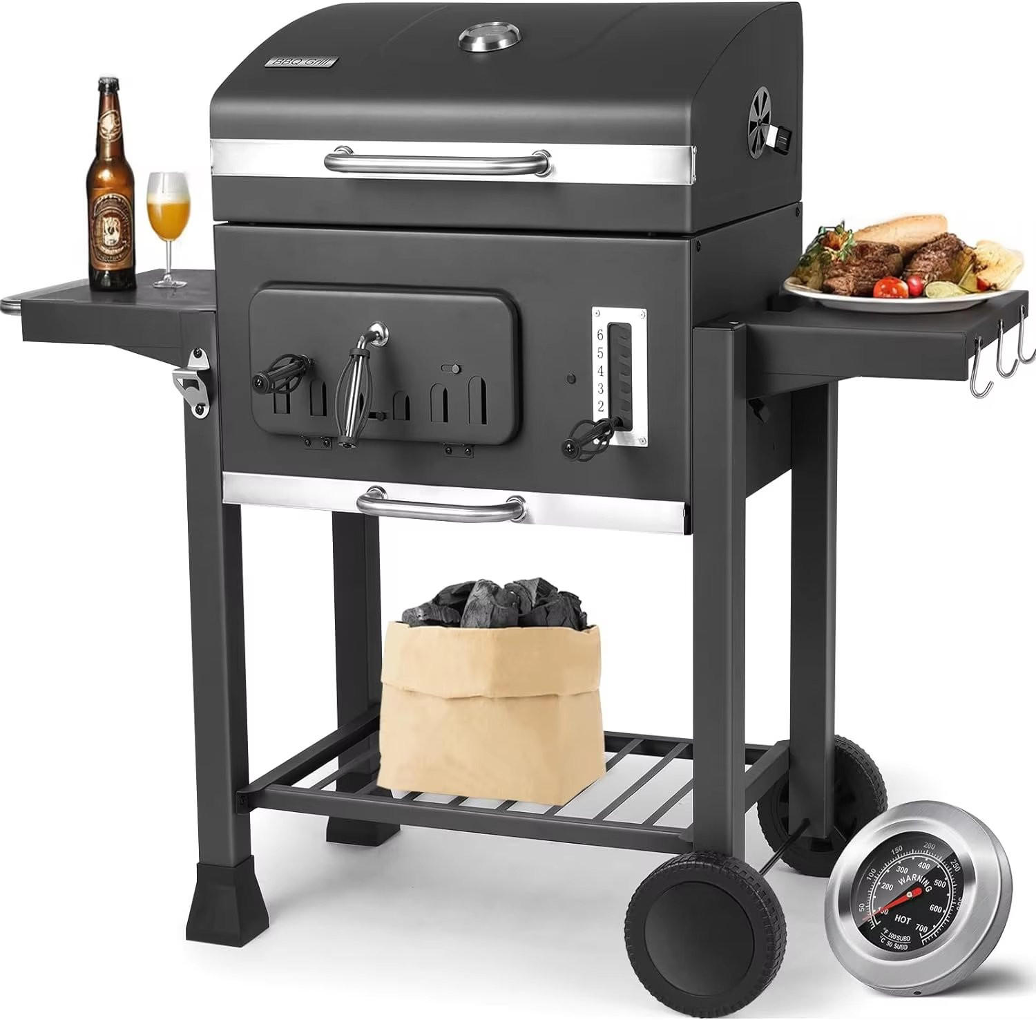 HOLZKOHLEGRILL XXL MIT ROLLEN UND SEITENTISCHEN - Schwarz, Metall (49/54cm)