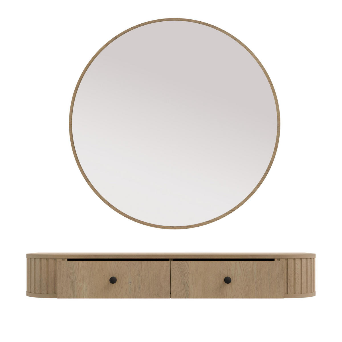 KONSOLENTISCH Halay Eiche Cremona 2 Schubladen mit runden Kanten + Rund Spiegel 100 cm - Eichefarben/Schwarz, Holzwerkstoff/Metall (35.9/123/17.5cm) - AX Living