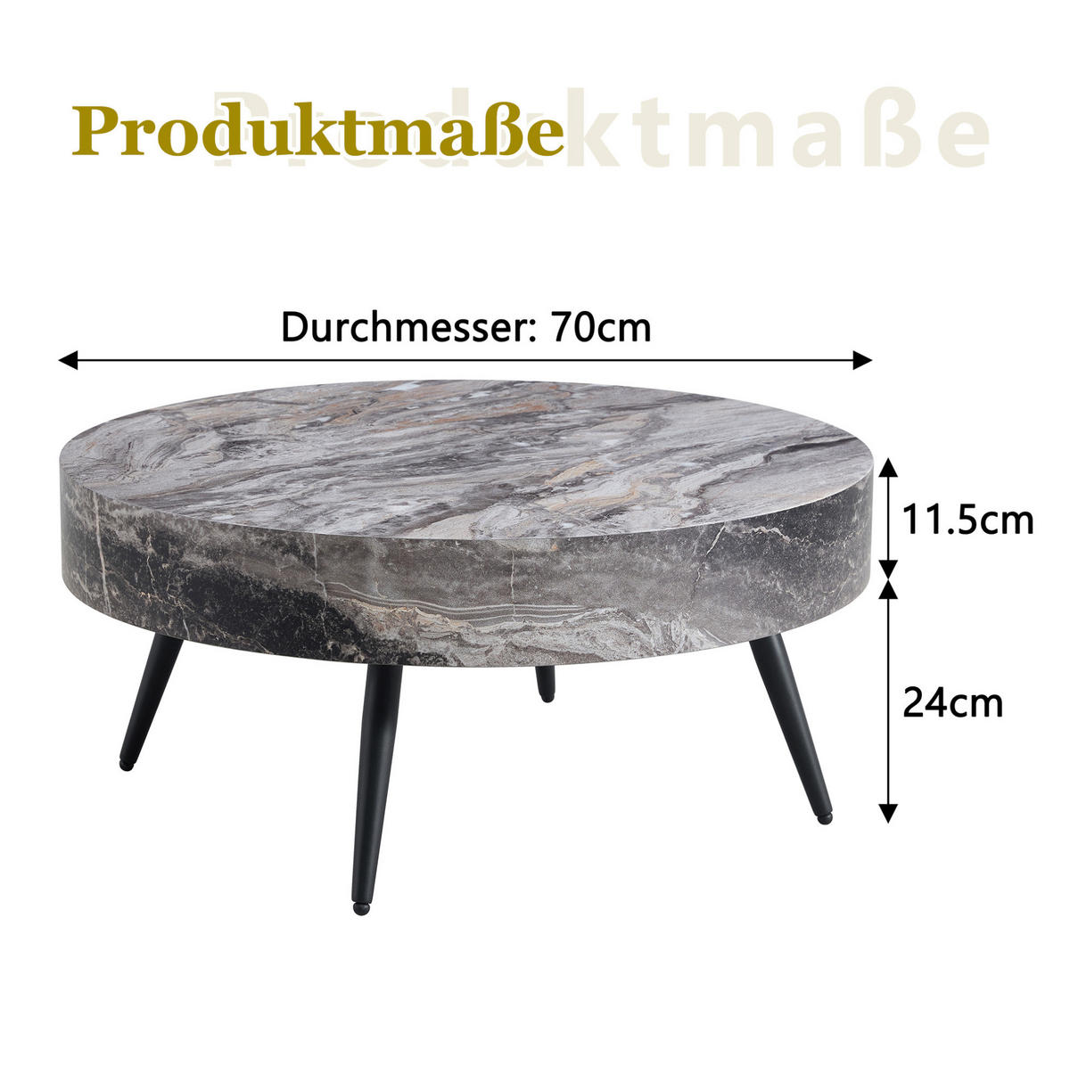 COUCHTISCH 70 cm grau in Marmoroptik mit Metallgestell - Schwarz, Holzwerkstoff (70/70/35.5cm) - Flora Grace