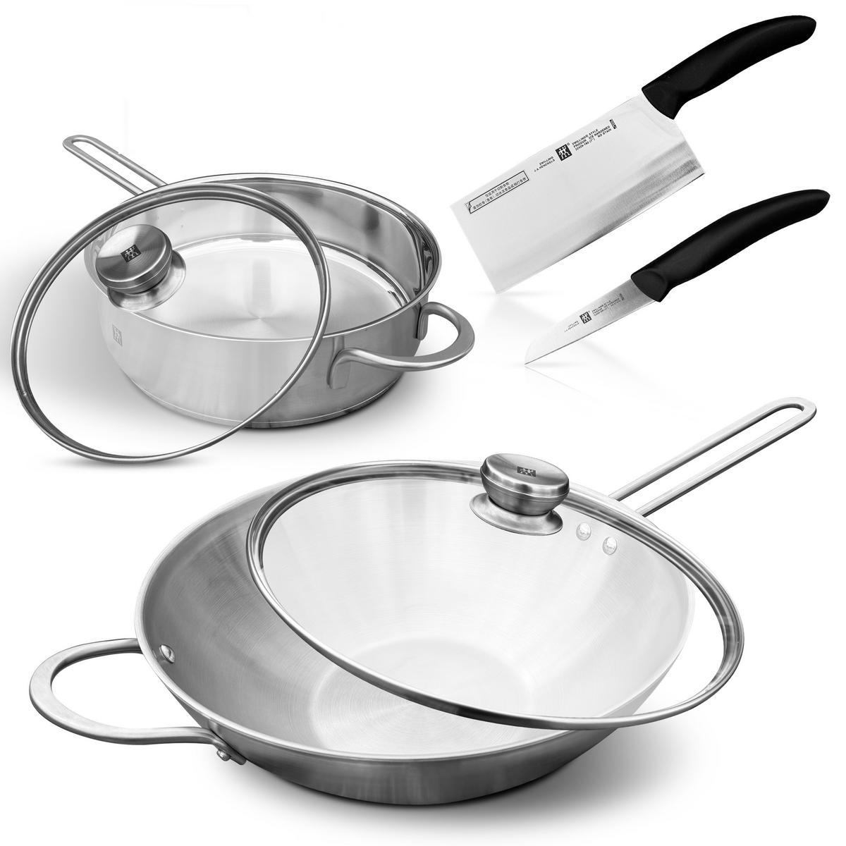 PFANNENSET – Twin Nova 6-teilig, Wok 30 cm, Schmorpfanne 24 cm mit Glasdeckel, Kochmesser 18 cm, Gemüsemesser 8 cm, Edelstahl, Induktion - Silberfarben, Metall - Zwilling