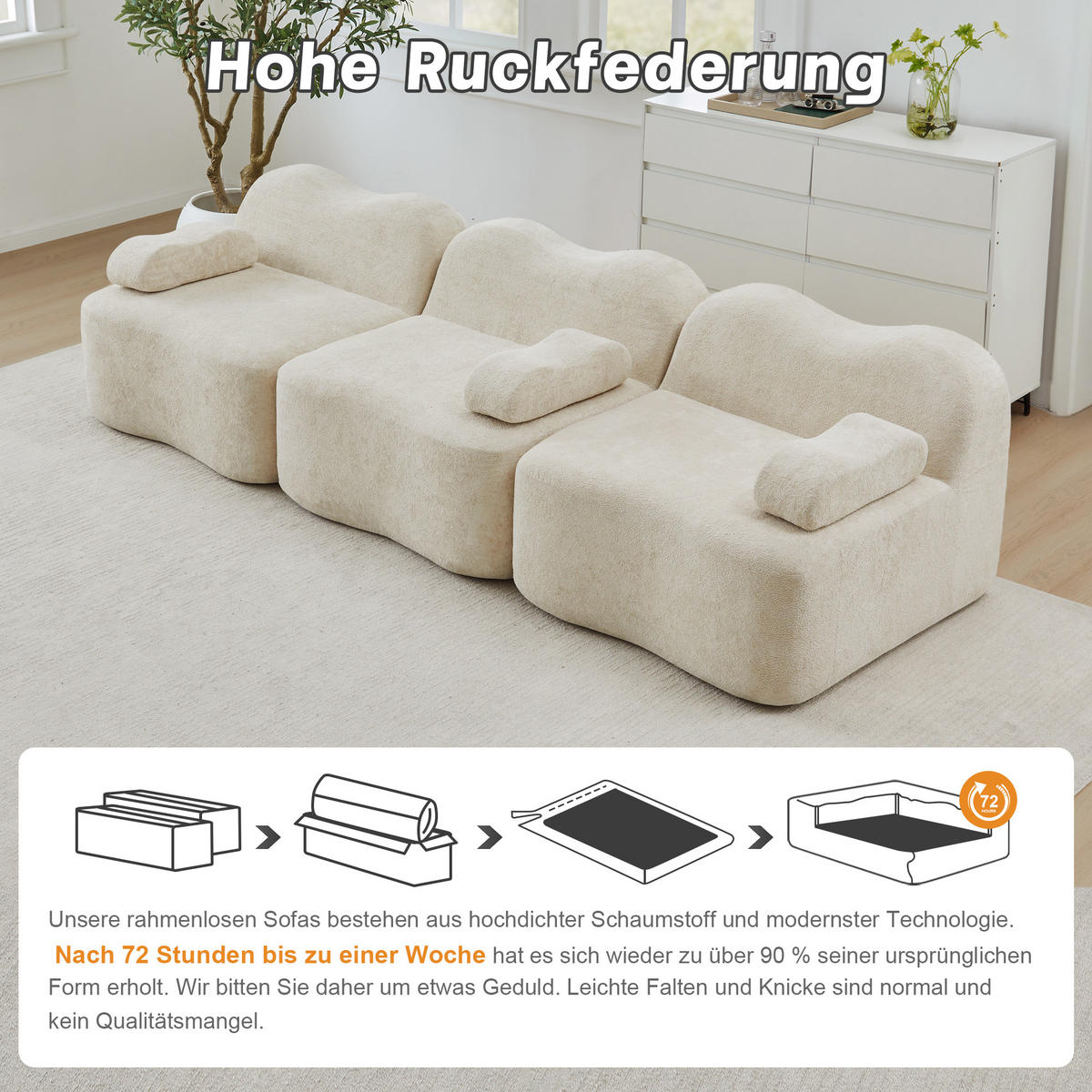 3-SITZER Sofa 288×98×70 cm Samt rahmenlos modular, beige - Beige, Textil (98/70/288cm)
