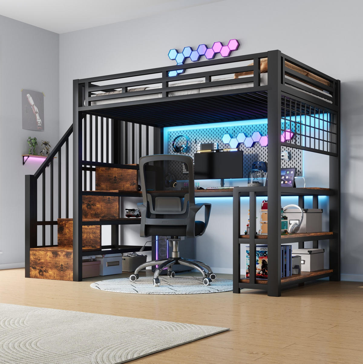 HOCHBETT aus Metall und MDF 90x200 cm Schwarz mit LED-Lichtleiste, Schreibtisch, Stauraumstufen und USB/Typ-C - Schwarz, Metall (90/200cm) - Modfu