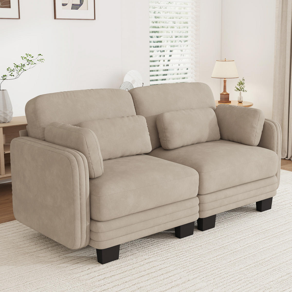 2-SITZER-SOFA Modular Chenille mit Kissen, DE-42686, Hellbraun - Hellbraun, Holz (176/88/88cm) - ComfortXL