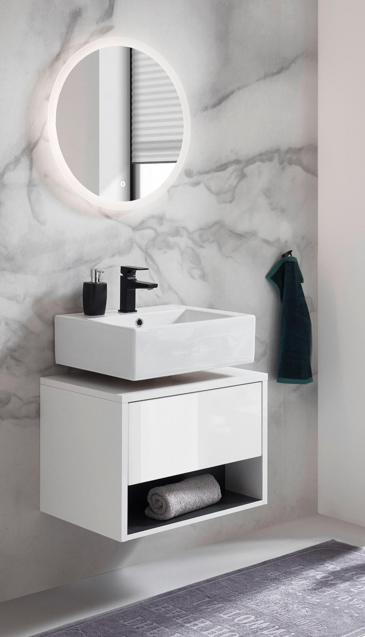 BADMÖBEL Set 2-teilig in weiß Hochglanz und grau mit LED Beleuchtung 60 x 190 cm Glide - Weiß Hochglanz/Grau, Glas/Holzwerkstoff (60/190/46cm) - Furn.Design