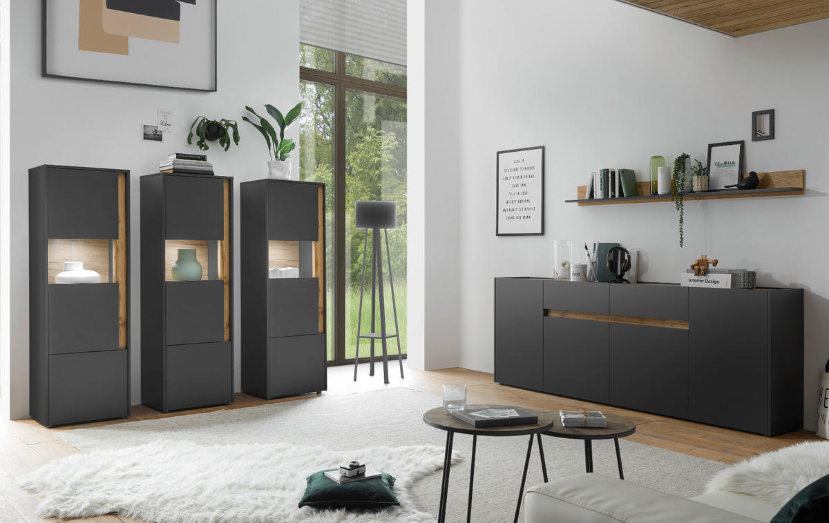SIDEBOARD grau matt, Wotan Eiche, Kommode, 220 x 87 cm - Anthrazit/Eiche Wotan, Holz/Holzwerkstoff (223/86/40cm) - Furn.Design