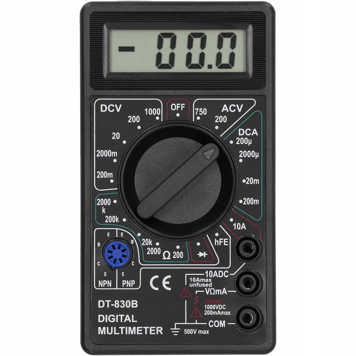 MULTIMETER DT-830B - Mini digital, LCD, DC 0-1000 V, AC 200-750 V, DC 0-10 A, 0-2 MΩ, Dioden- und Transistortest - Multicolor, Kunststoff/Metall (10/10/10cm)