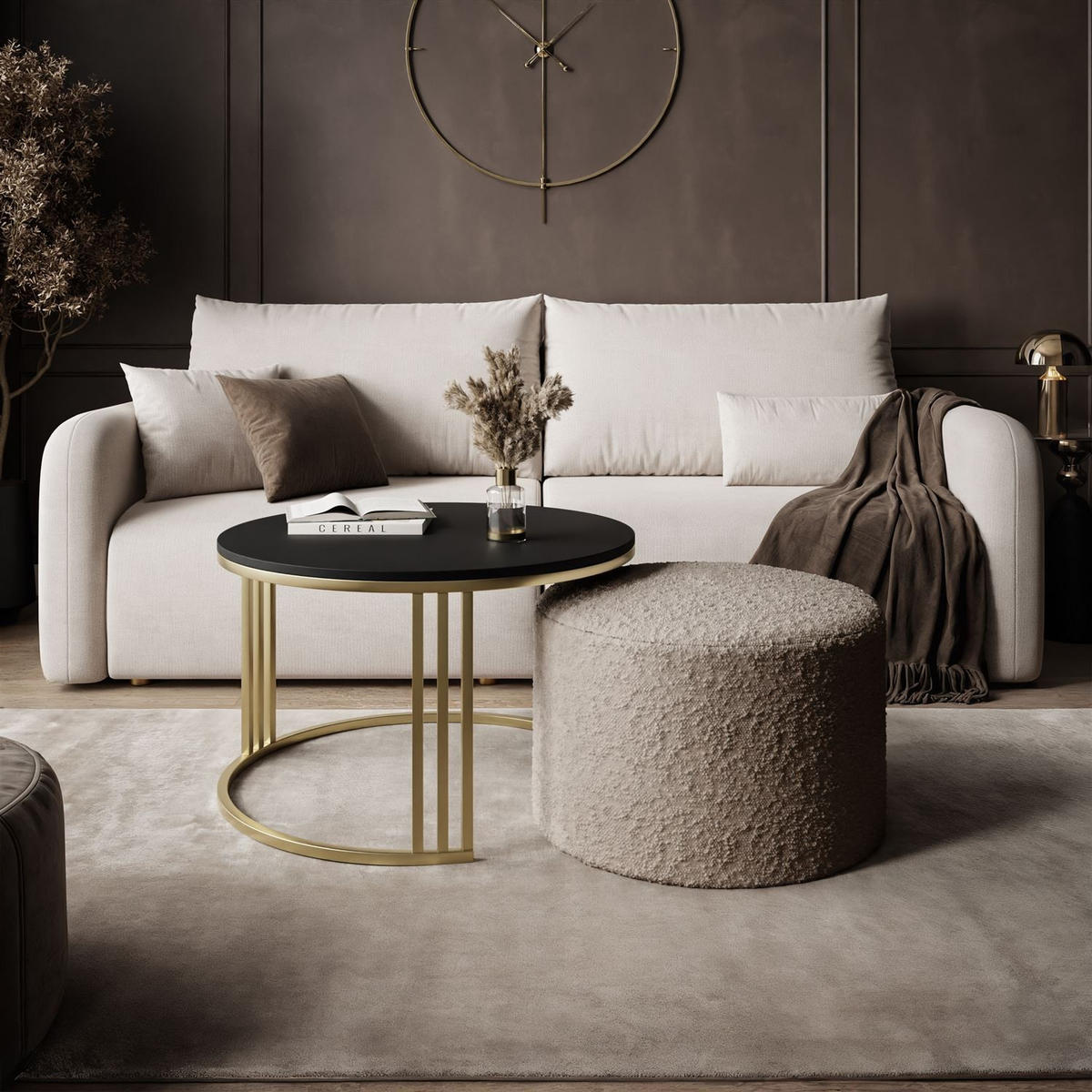 COUCHTISCH mit Hocker LORI MAT gebürstetes Gold/schwarz matt/Coral 50 - Schwarz, Metall (70/70/49cm) - Lookway