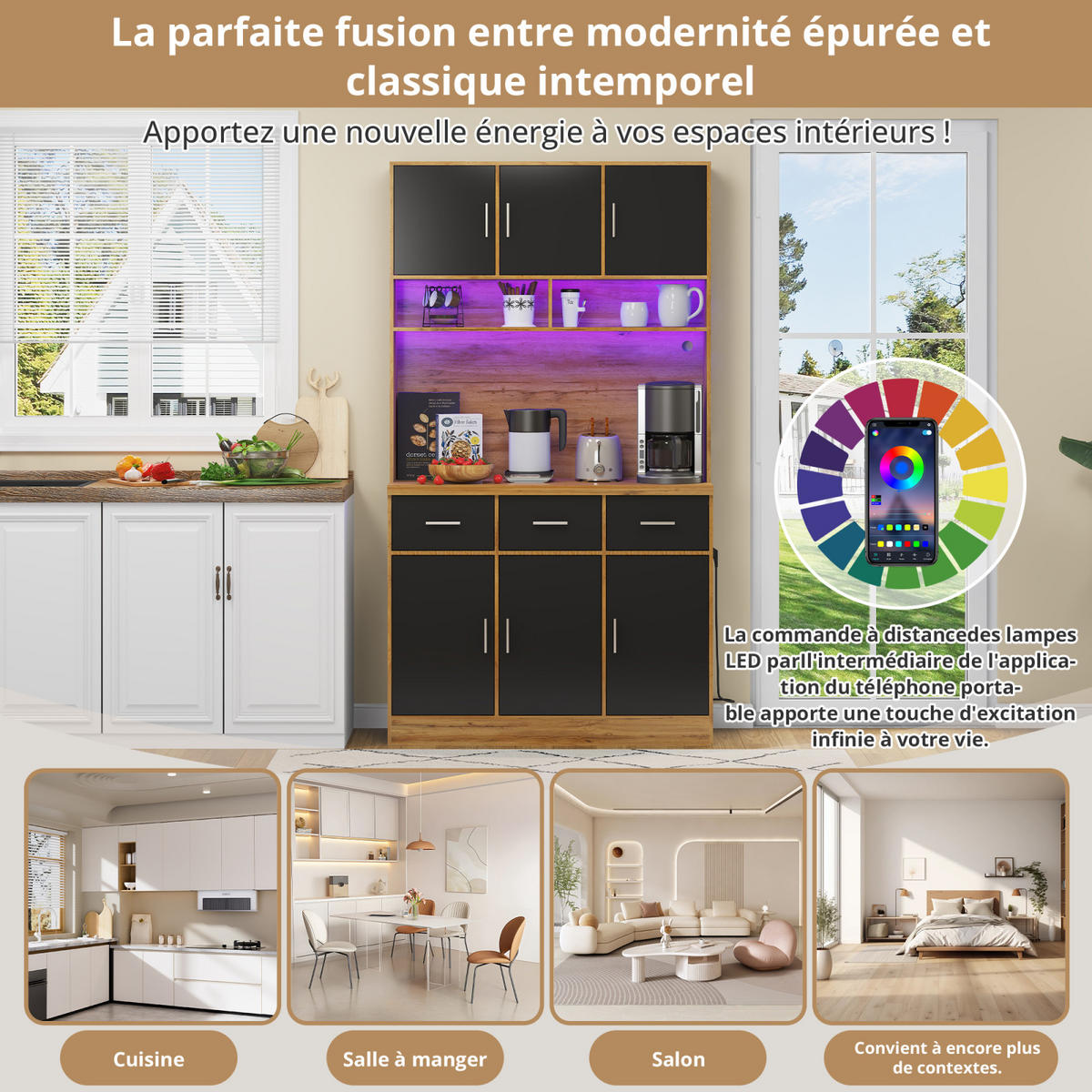 SIDEBOARD 100x40x180 cm, LED, Schubladen, verstellbare Böden, Schwarz - Schwarz, Holz (100/180/40cm)