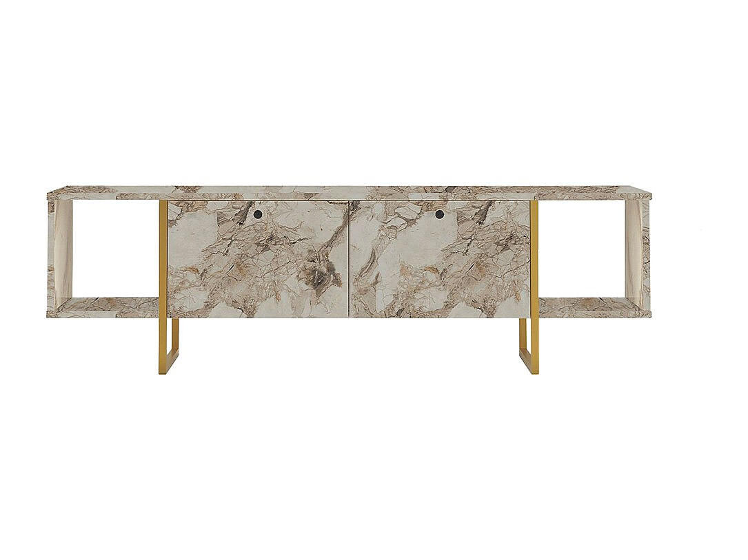 TV-MÖBEL mit 2 Türen & 2 Regalen - Marmor-Optik Weiß & Goldfarben - DERANA - Weiß, Holz (40/47.6/160cm) - Vente-Unique