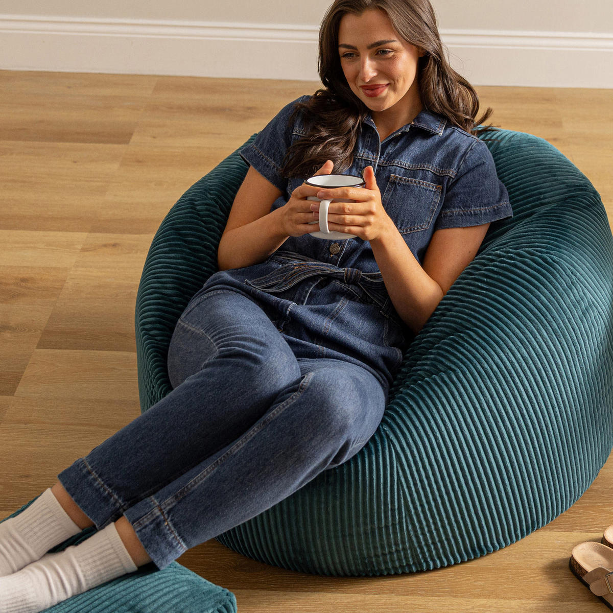 SITZSACK Klassisch + Hocker, Cord - Grün, Kunststoff/Textil (85/50/85cm) - icon