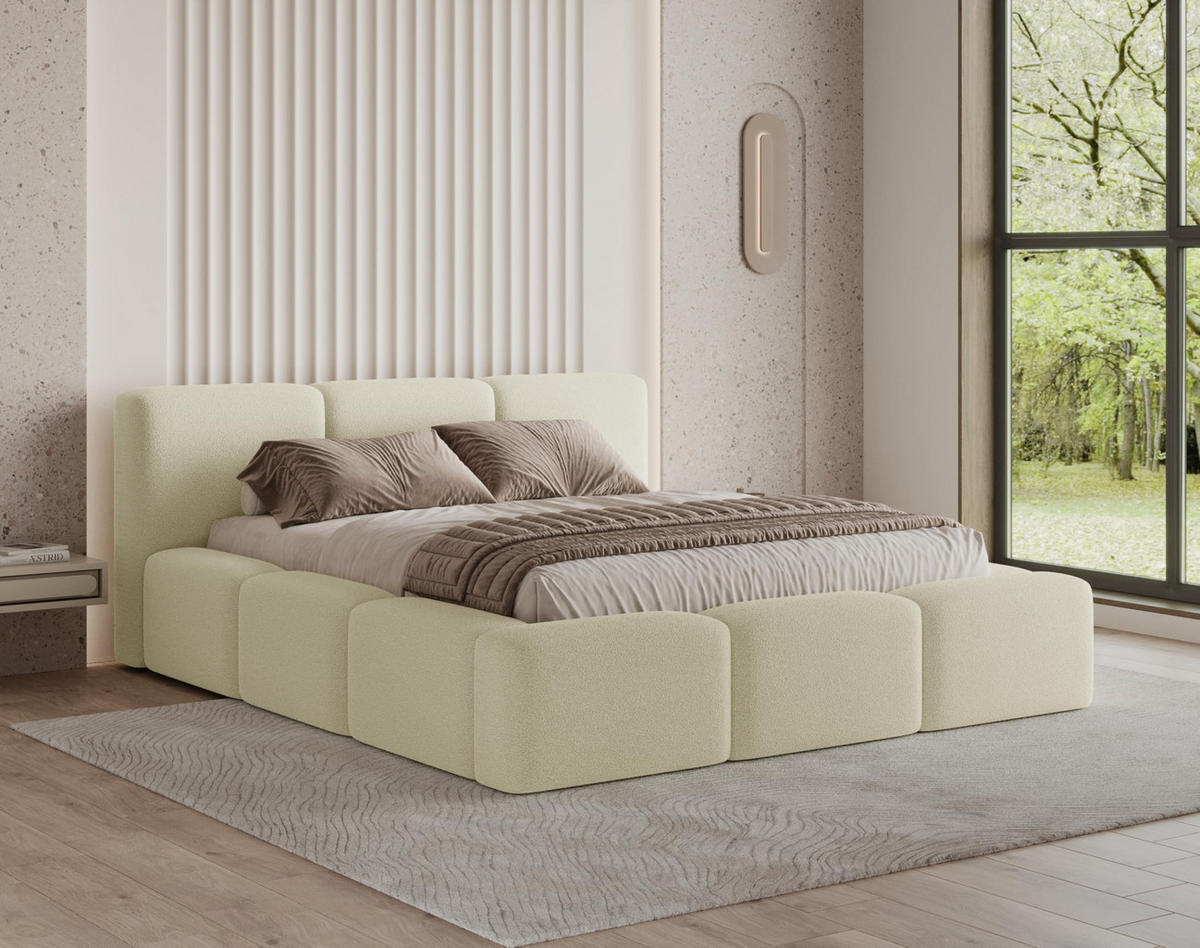 POLSTERBETT 180x200 mit Bettkasten, Lattenrost und Kopfteil, Eleganter Bouclé-Stoffbezug Beige - Beige, Holz (180/200cm) - Chilly