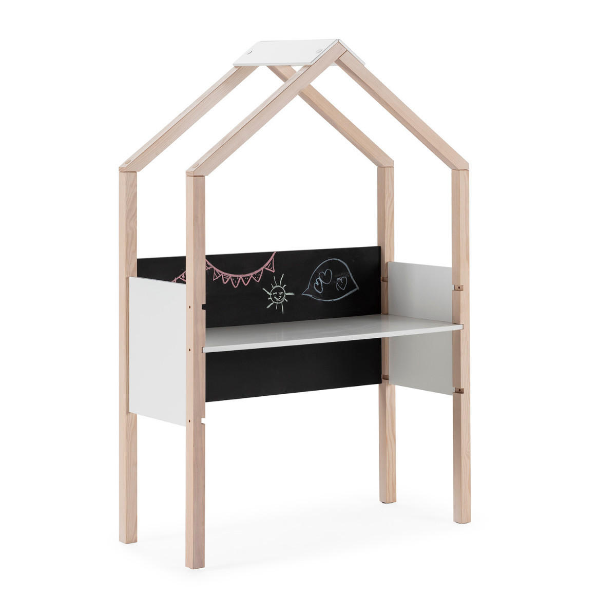 BÜRO mit Schiefertafel in Hausform, dekoriert in weißem Hochglanz und hellem Holz, L100 cm 40/100/155 cm - Weiß, Holz (40/155/100cm) - Calicosy