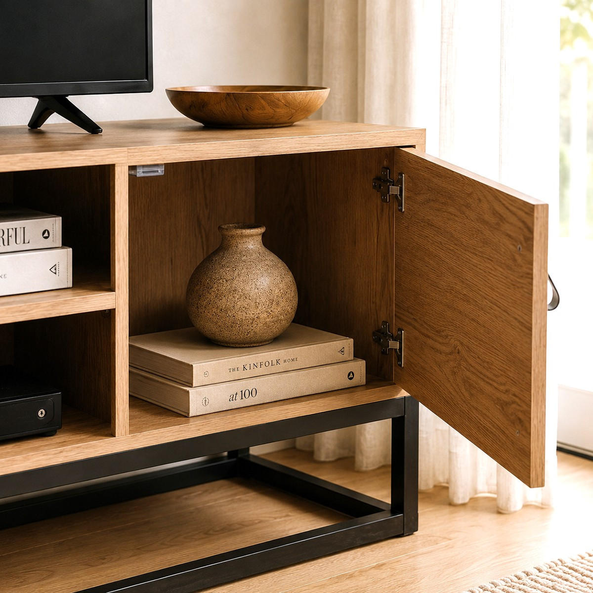 TV-MÖBEL Eiche Dekor 2 Türen und zentrale Ablage - L120 cm - Nussbaumfarben, Holzwerkstoff (39/48/120cm) - Calicosy