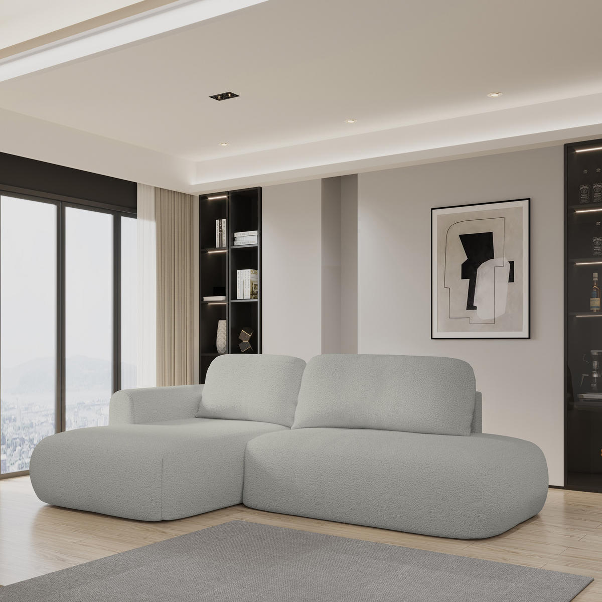 ECKSOFA NUVIRA L-S Hellgrau Boucle-Stoff mit Schlaffunktion - Hellgrau, Holz (274/165cm) - MASSENO