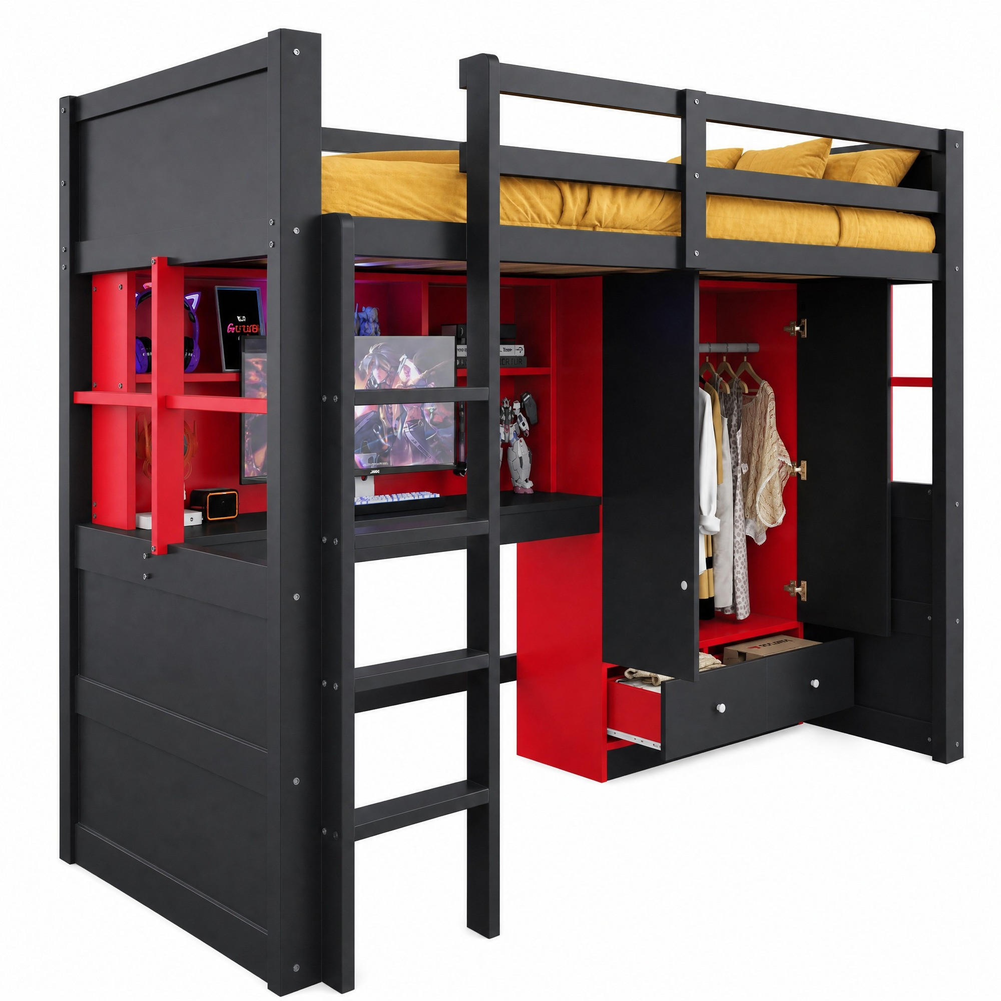 HOCHBETT 90/200 cm aus Holz mit Leiter und Tisch, Schwarz-Rot - Schwarz, Holz (90/200cm) - OKMYHOME