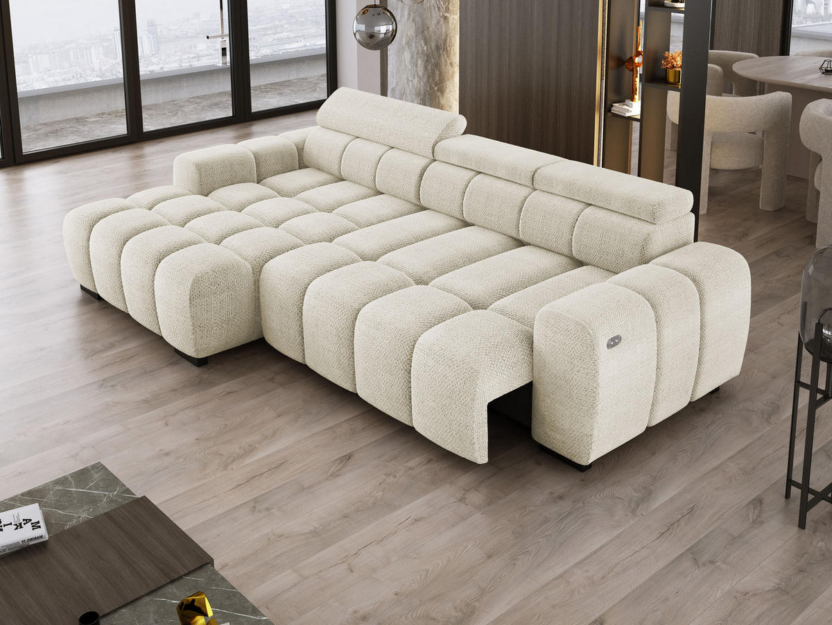 ECKSOFA OMBO 285x168x77/97 cm, Links, Schlaffunktion, elektr. Sitz, Kopfstützen, hydrophober EDEN-Stoff – Weiß - Weiß, Holz/Textil (168/285cm) - DomoHome