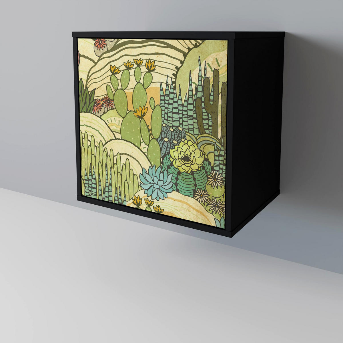SIDEBOARD SUCCULENTS KALEIDOSCOPE, Schwarz, 57,5x42x77,5 cm, Schräge Buchenholzfüße - Buchefarben/Multicolor, Holzwerkstoff/Buchenholz (57.5/77.5/42cm) - SpaceRebels
