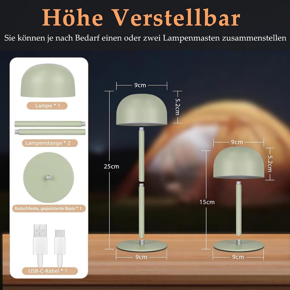 TISCHLAMPE Finns 9/9/25 cm （2er-set） - Grün, Kunststoff/Metall (9/9/25cm) - ZMH