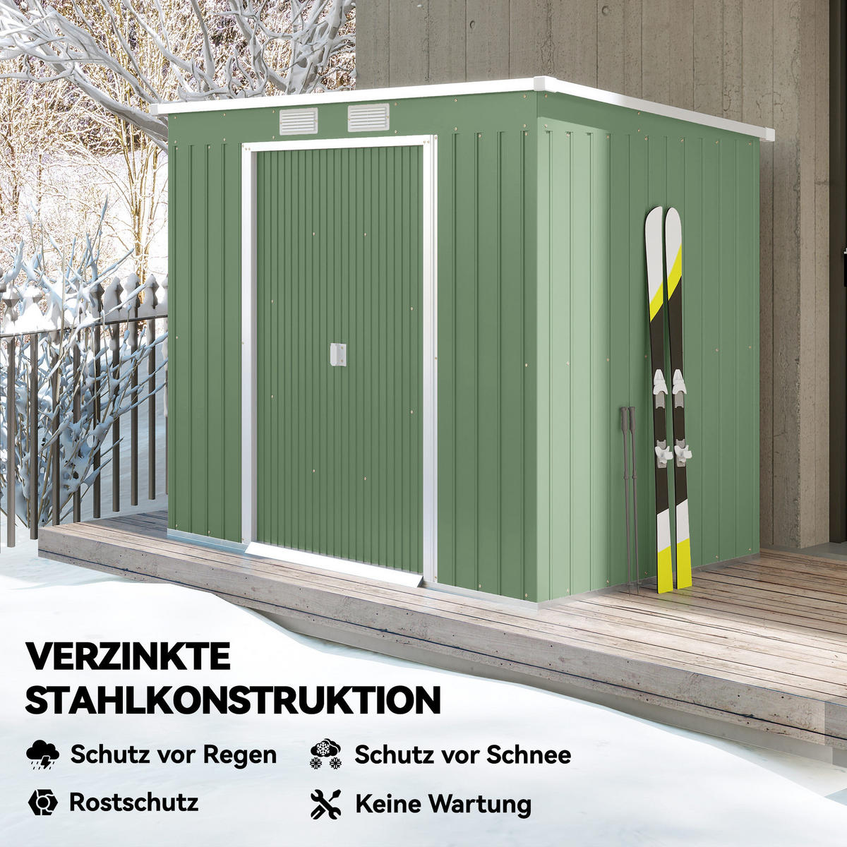 GERÄTEHAUS 2,42 m², Gartenhaus mit Lüftungsfenster, Schiebetür, Fundament Grün - Grün, Metall (130/172/213cm) - Outsunny