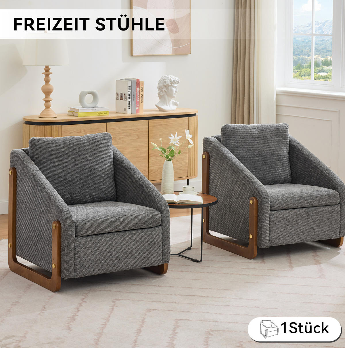 SESSEL mit Chenillebezug und Holzarmlehnen 73.5/73.5/73.5 cm Grau - Grau, Textil (73.5/73.5/73.5cm) - Redom