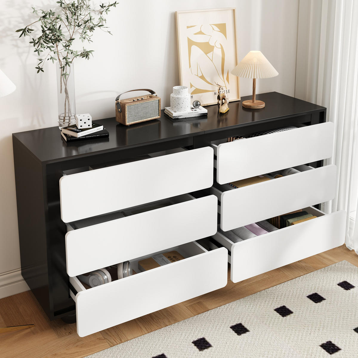 SIDEBOARD 140/38/74,5 cm Weiß/Schwarz aus Spanplatte mit 6 Schubladen - Weiß, Holzwerkstoff (38/74.5/140cm) - OKMYHOME