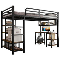 HOCHBETT 120/200 cm mit Schreibtisch, Ablage und 4-stufiger Leiter, stabile Lattenroste, Schwarz/Dunkelwalnuss - Schwarz, Metall (120/200cm) - Redom