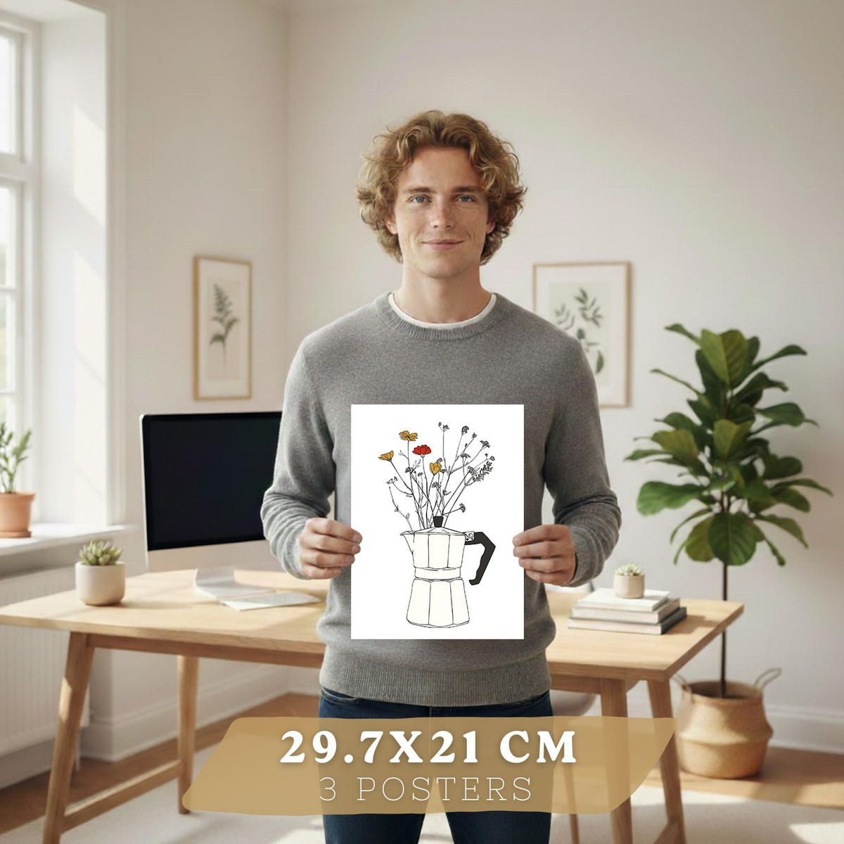 POSTER 3er Set Blumen in Kaffeekanne Wandbilder Mokkakanne Teekanne Tasse Strichzeichnung Küche Deko Leichter Holzrahmen A4 - Beige, Papier (29.7/1/21cm) - Nacnic