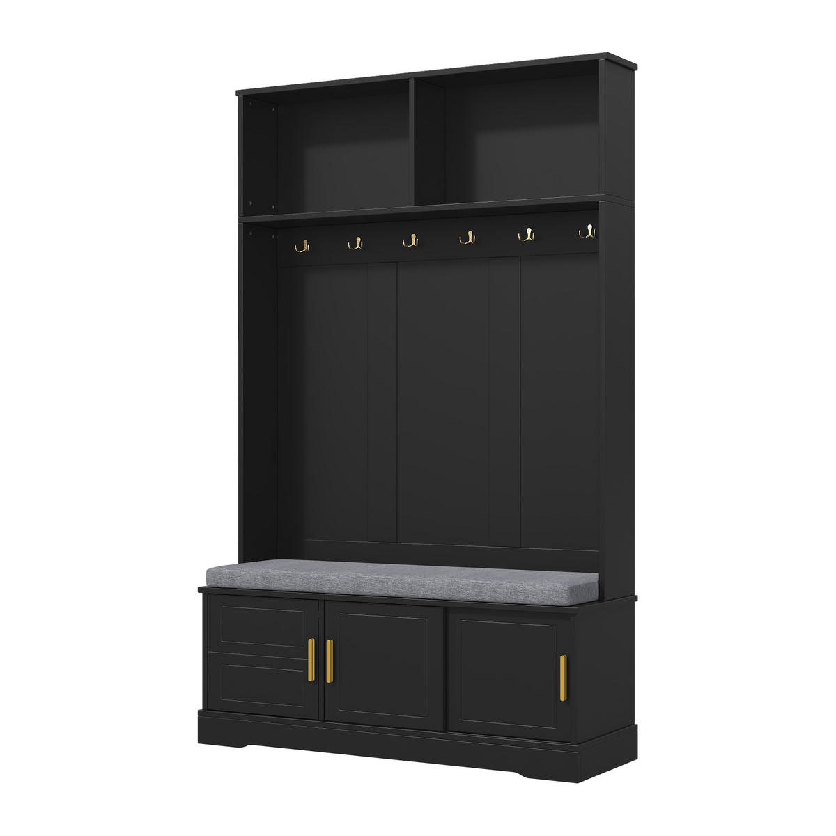 GARDEROBENSET in Schwarz Mit gepolsterter Schuhbank & 6 goldenen Haken - Schwarz, Holzwerkstoff (120/191/40cm) - Urban Meuble