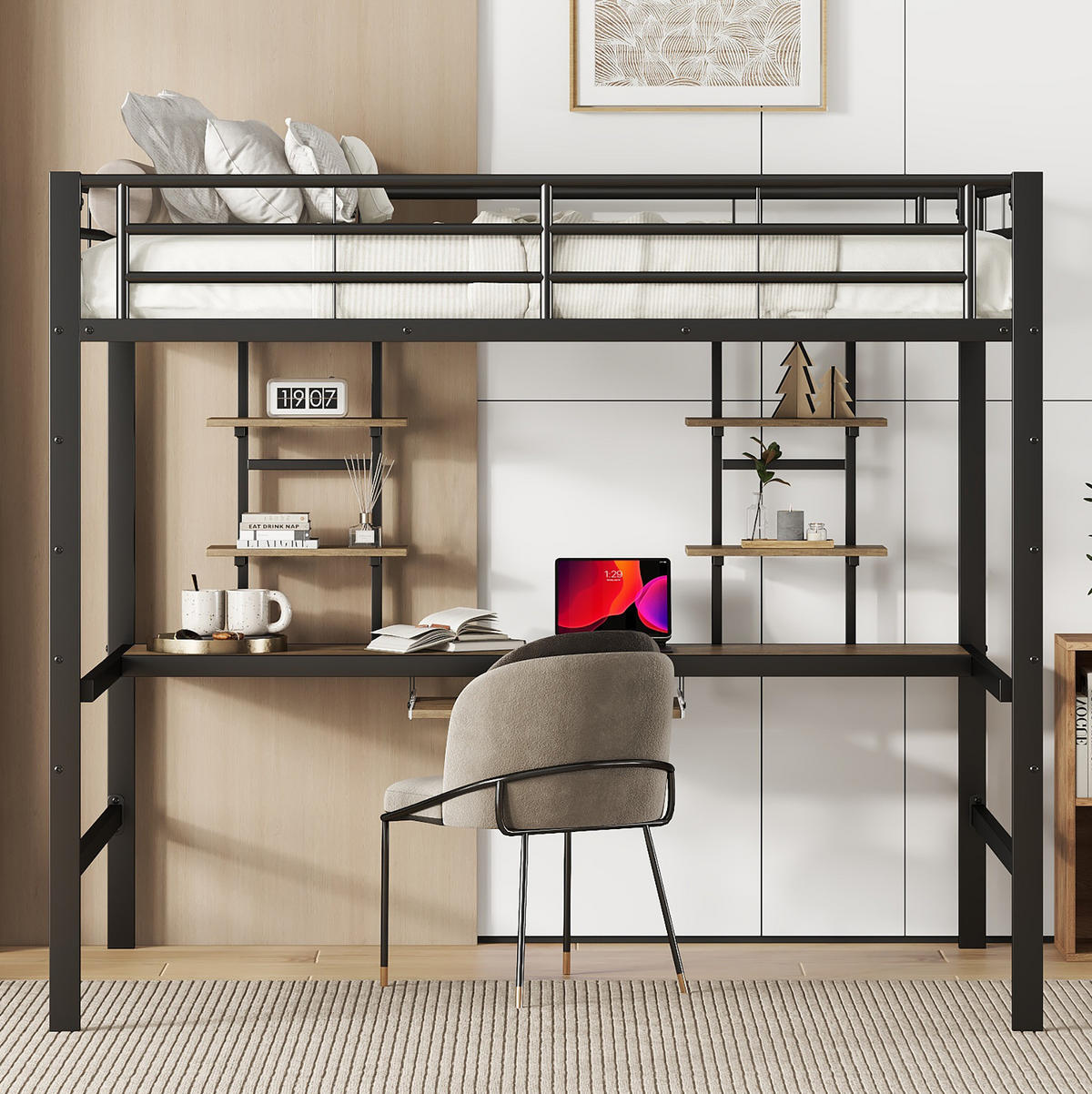HOCHBETT 140/200 cm mit Schreibtisch, 2 Regalen und Tastaturablage, platzsparendes Metallgestell, Schwarz - Schwarz, Metall (140/200cm) - Redom
