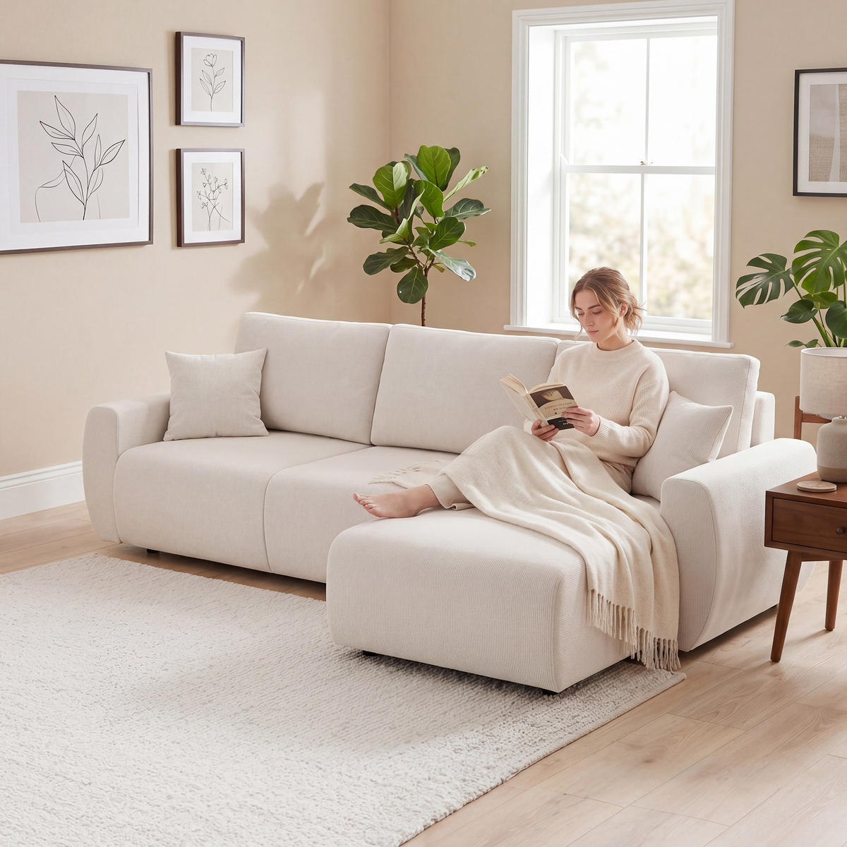 SCHLAFSOFA Veloursbezug Cremeweiß - Creme/Weiß, Holzwerkstoff/Kunststoff (140/90/250cm) - HOMCOM
