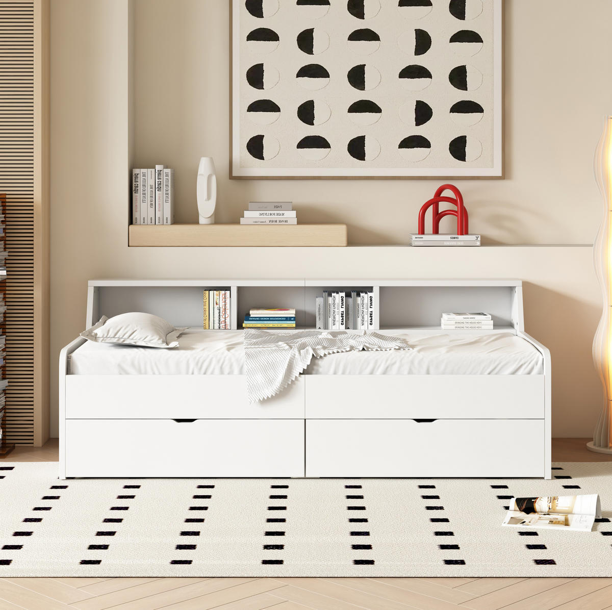 TAGESBETT 90/200 cm mit 2 Schubladen und 3 Ablagefächern aus Kiefern und MDF, Weiß - Weiß, Holzwerkstoff (90/200cm) - Redom