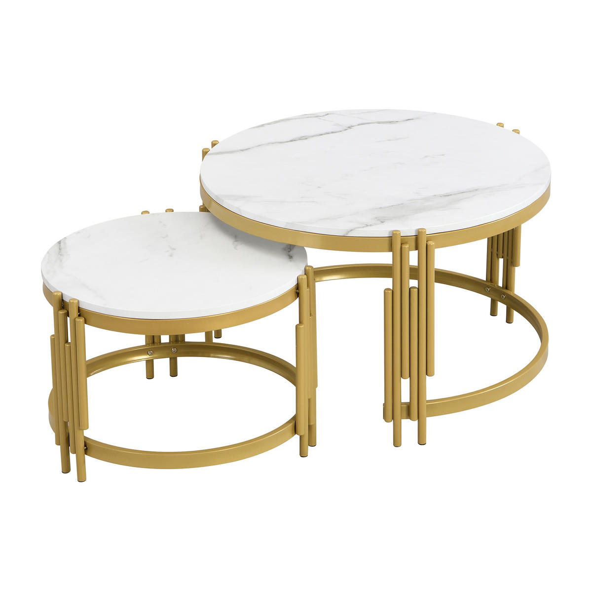 COUCHTISCH 2er-Set mit Marmoroptik runde Tische goldener Metallrahmen - Goldfarben/Weiß, Holzwerkstoff/Metall (71.5/71.5/44cm) - EVRYAE
