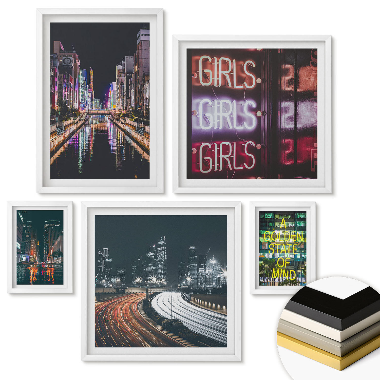 WANDBILDER 5er-Set - 50x50 cm & 20x30 cm & 40x60 cm Weißer Rahmen - Neonreklamen in der Stadt bei Nacht - Weiß, Kunststoff (40/60cm) - ArtPrintCave