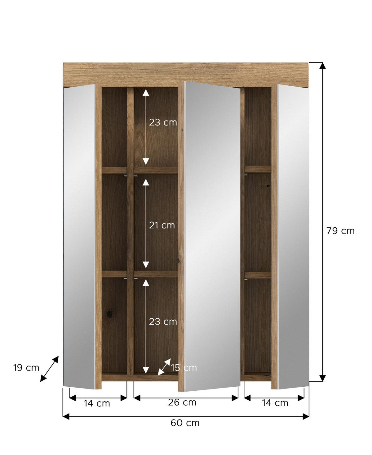BADEZIMMER Spiegelschrank in Evoke Eiche Badschrank 3-türig 60 x 79 cm Shawn - Eichefarben, Glas/Holzwerkstoff (60/79/18cm) - Inn.Furn