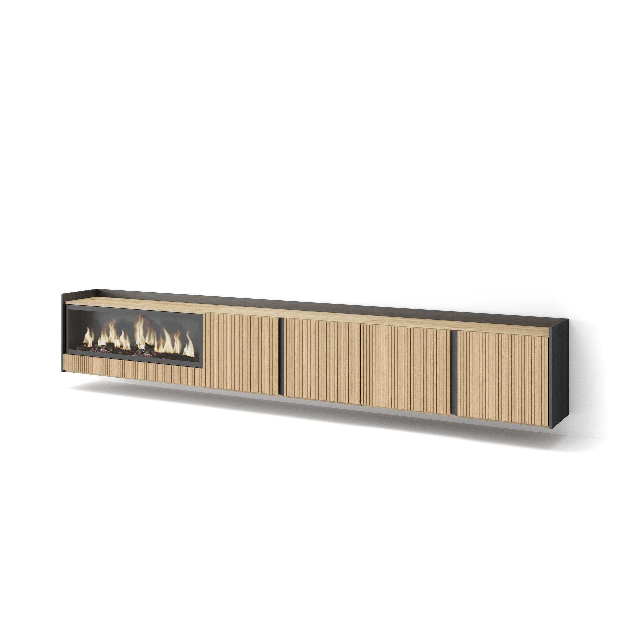 LOWBOARD, Eiche und Schwarz, 315/35/50cm, Elektrokamin XXL, Hängend - Eichefarben, Holzwerkstoff (315/50/35cm) - Skraut Home