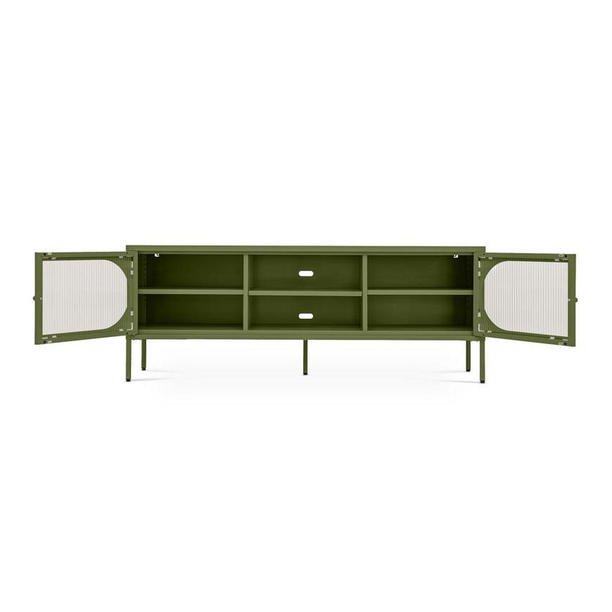 TV-LOWBOARD Industrielles aus olivgrünem Metall, 160 cm, 2 Türen aus geriffeltem Glas - COME - Grün, Metall (160/60/40cm) - Sicaan
